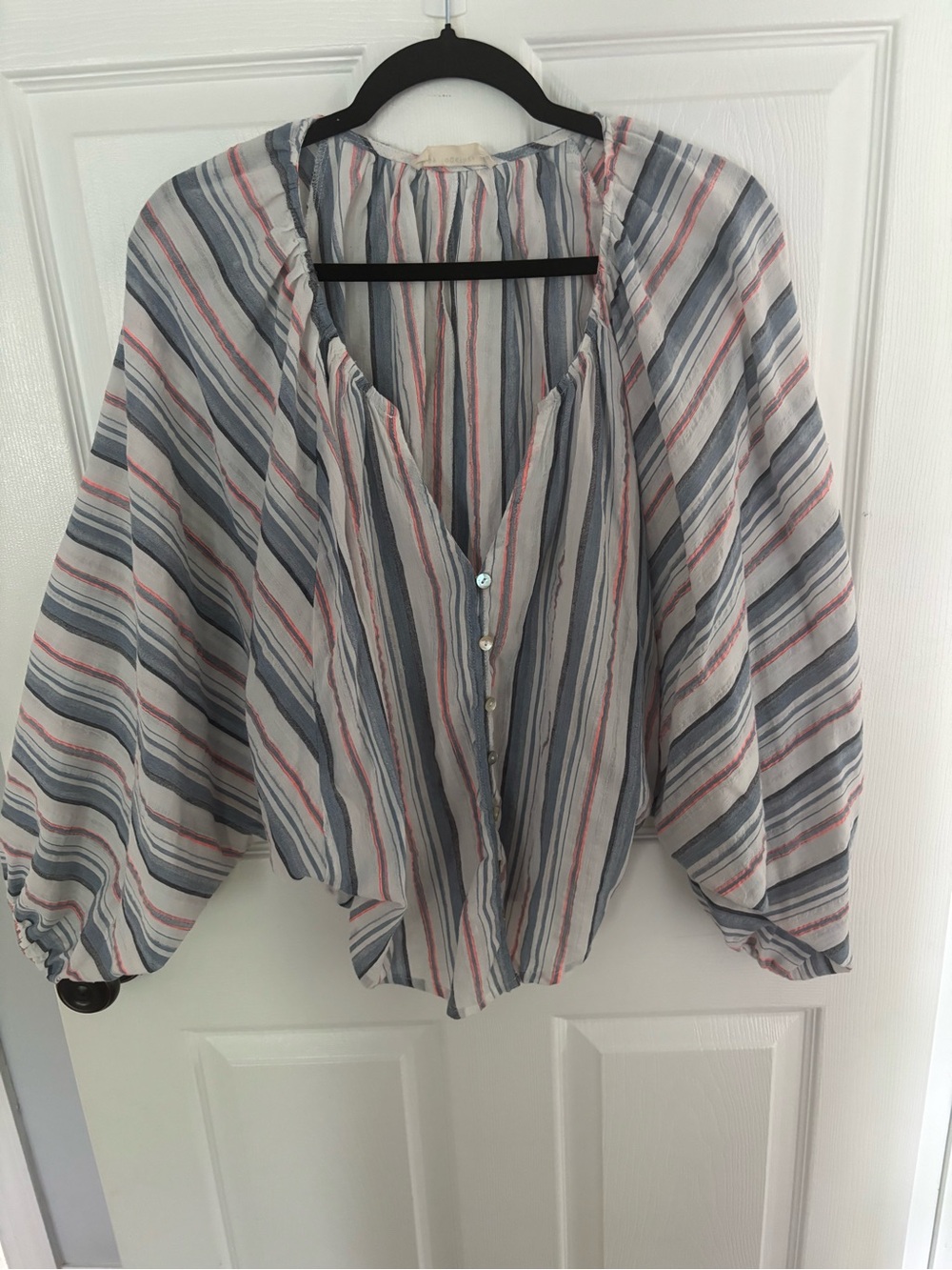 Together Striped Button-Front Peasant Blouse in Cream, Blue and Coral